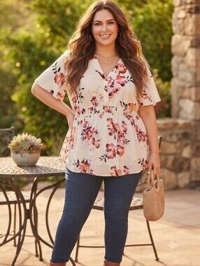 Torrid Plus Size 4 (26/28) Ivory Floral V-Neck Smocked Waist Tunic Top